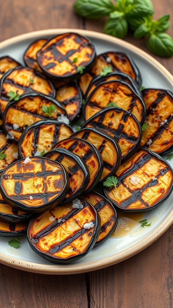 Grilled eggplant slices garnished with herbs on a rustic wooden table.